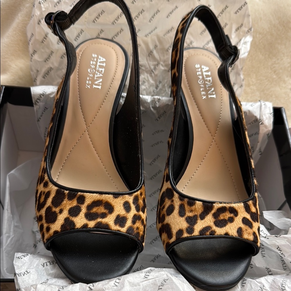 Brand New in Box! Alfani Leopard Calf Hair Sandals with Adjustable Slingback